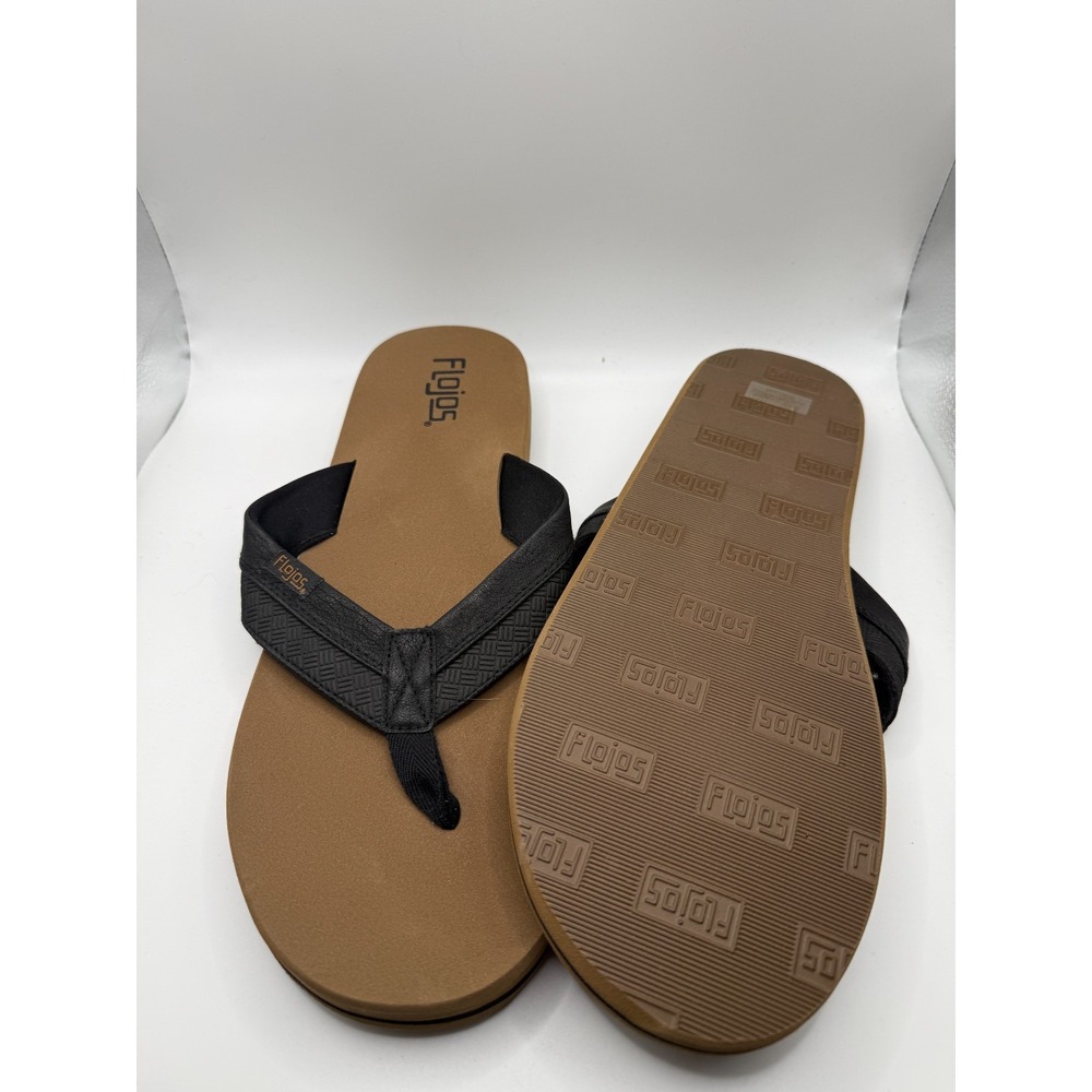 Flojos Ryan Mens US 14 Sandals Black Tan Faux Leather Slip-On Open Toe Flip Flop